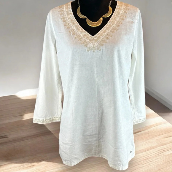 Eddie Bauer Ivory V Neck Embroidered Tunic 3/4 Sleeve Linen Rayon Womens  M Boho - Picture 1 of 7